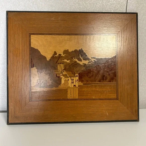 Vintage "Lake Geneva" Castle of Chillon Handmade Marquetry Inlaid Wood Picture - Picture 2 of 6